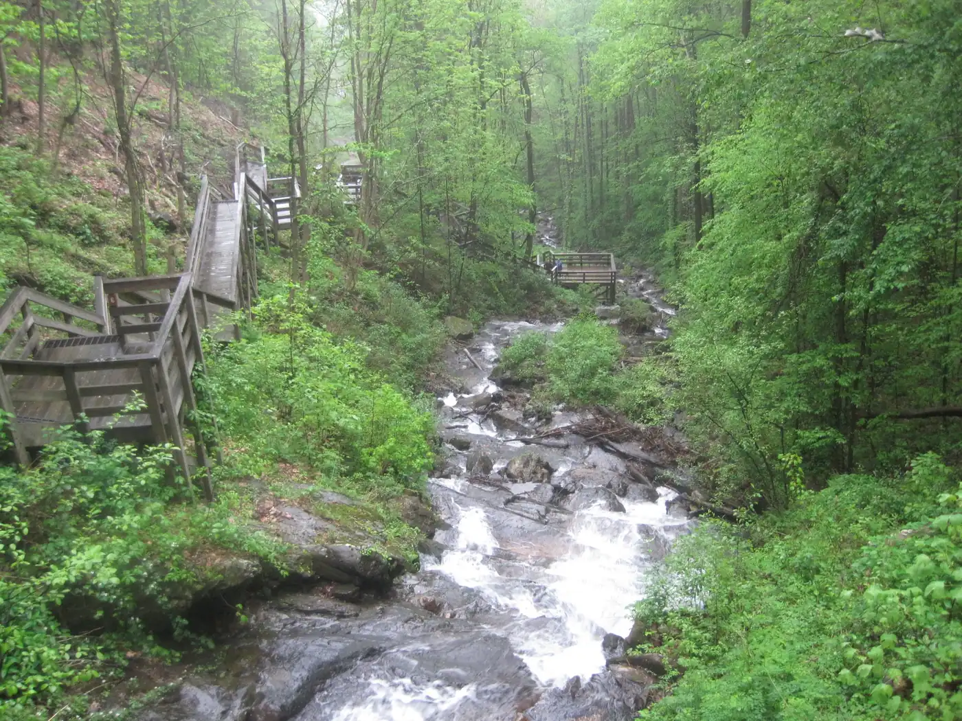 White water tumbling over boulders through a narrow green ravine beside a zig-zag wooden stair trail
