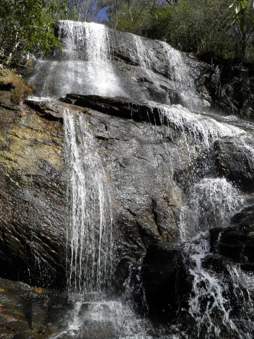 Thin white streams spilling in steps down a tall wet granite face with rhododendron along the top