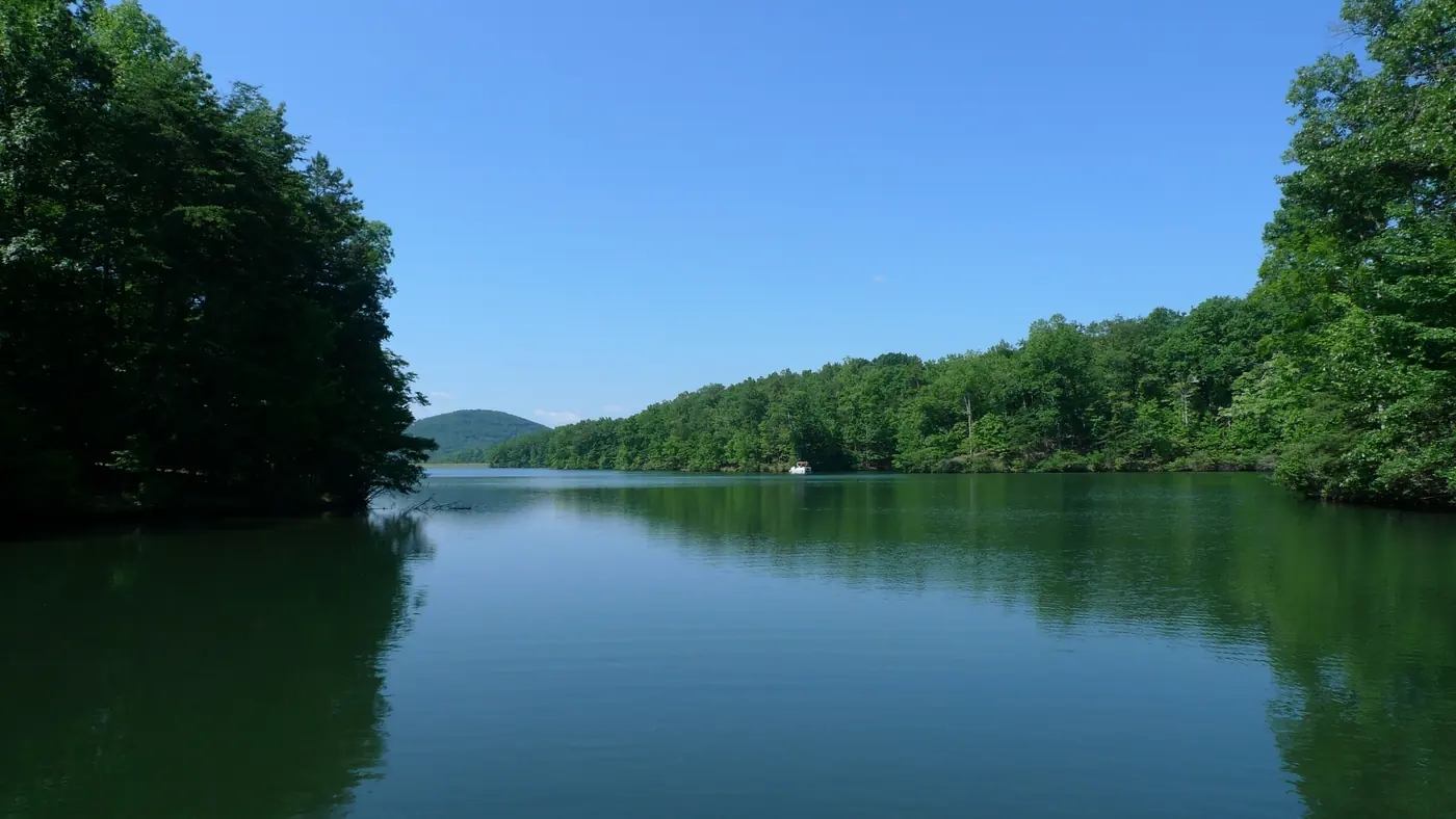 A calm glassy lake mirroring dense green forest on both shores under a clear blue sky