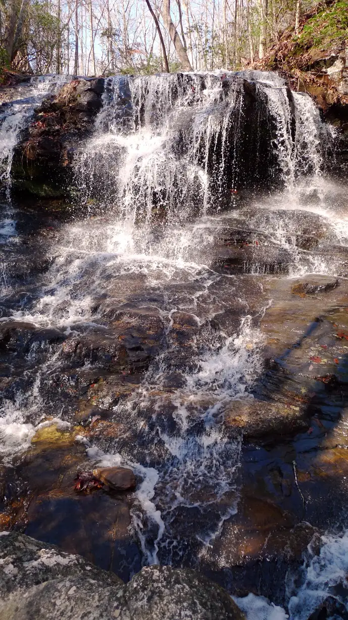 A broad low waterfall spilling over a dark rock ledge into a rocky stream